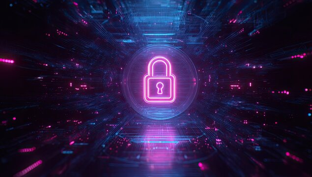 A neon padlock, glowing within a digital tunnel, representing secure data and cybersecurity - Powered by Adobe