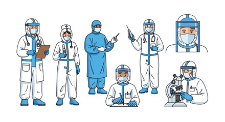 Illustrated collection of doctors and healthcare workers wearing full personal protective equipment PPE hazmat suits. © il