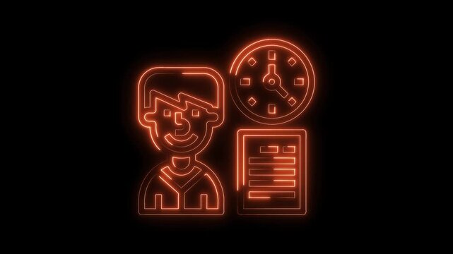 Orange neon graphic of a worker,time management,and a document on black background