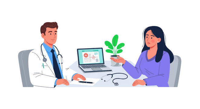 Male doctor in consultation with a female patient holding a plant discussing alternative or natural medicine.