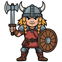 A cartoon viking warrior in a classic pose, armed with an axe and a shield. The viking is depicted with traditional attire, including a horned helmet