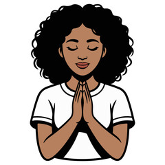 A calm person with hands clasped in prayer, eyes closed in serenity. The woman wears a white top and has dark, curly hair. She embodies peace and quiet contemplation