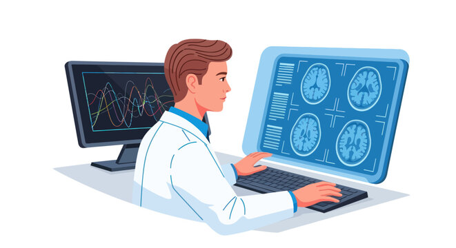 Medical professional analyzing brain MRI scans on dual computer screens.