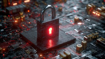 A detailed close-up shot of a padlock with a glowing keyhole set on a circuit board
