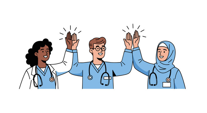 Diverse Medical Team Celebrating Success with High-Five Gesture.