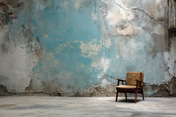 A weathered room features a vintage chair against a peeling blue wall. Gritty concrete flooring