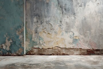 Textured interior scene depicting weathered wall surfaces and a rough floor, with peeling paint