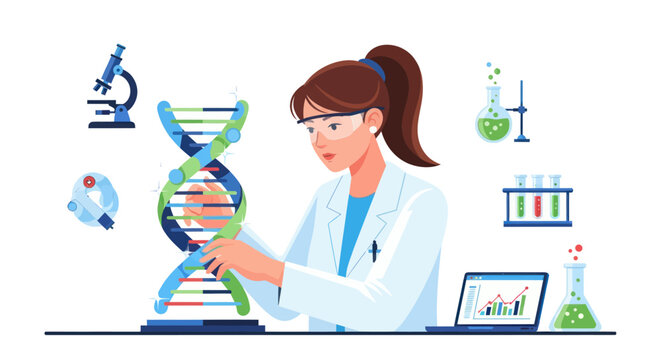 Female scientist in a lab coat and safety goggles analyzing a DNA double helix model in a laboratory.