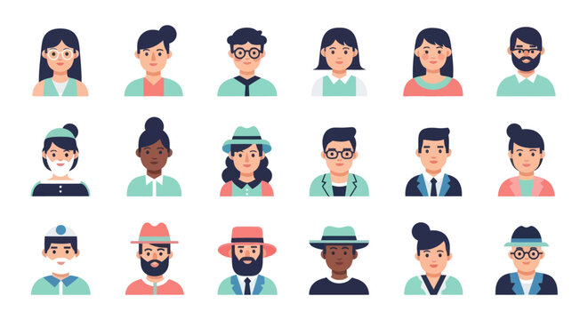 A diverse collection of flat design people avatars and character portraits for user profiles.