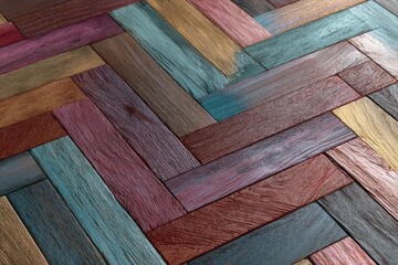 Angled close-up of colorful wooden floor planks arranged in a herringbone pattern
