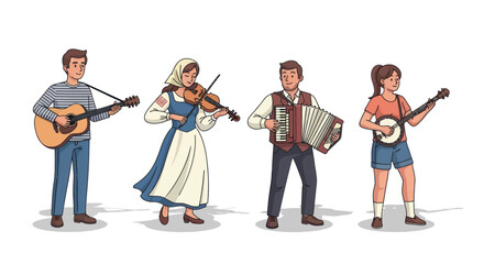 Hand-drawn illustration of a folk music band with guitar violin accordion and banjo players. © il