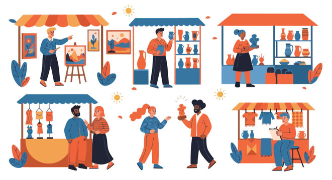 Diverse People Shopping and Selling at Outdoor Market Stalls.