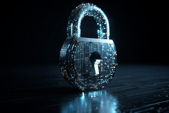 Cybersecurity digital padlock with glowing futuristic circuit design