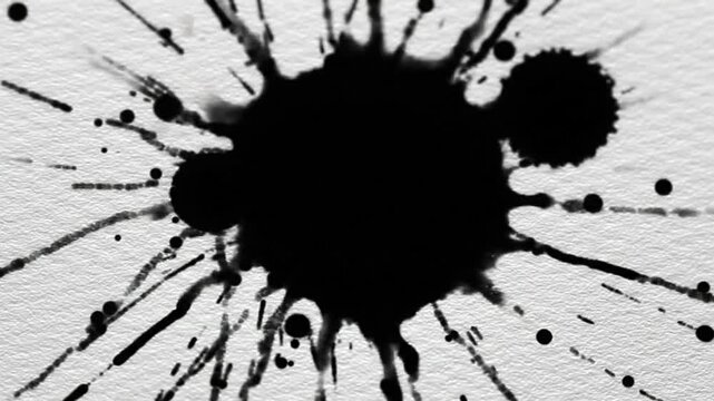 Black ink splatter on textured white paper background  