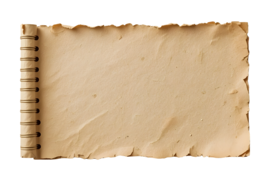 Aged piece of tan parchment paper with torn, ragged edges creating a vintage textured background isolated on white