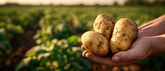 The Potatoes in a Handful Fresh Field Harvest at Dawn