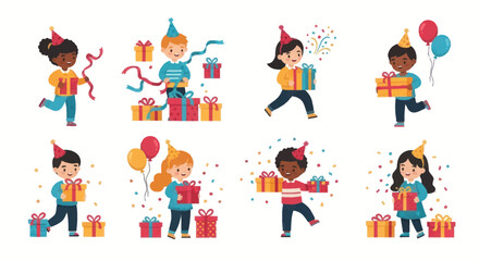 Naklejka premium Cheerful Children Celebrating with Gifts and Balloons at a Party.