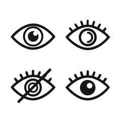 Four black eye icons on white background showing different states of vision sight look