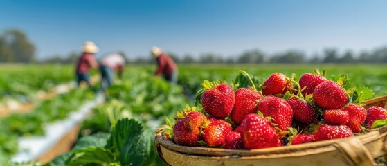 The Strawberries in a Basket on a Bright Sunny Field