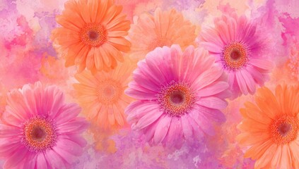 Vivid blossoms of pink and orange gerbera daisies arranged on a watercolor-like backdrop