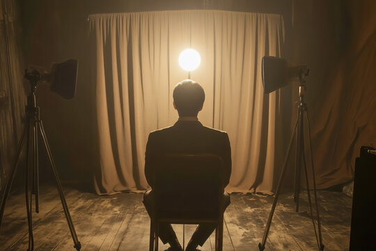 Contestant giving a confessional interview, with a dramatic backdrop and intimate lighting