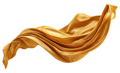 Flowing golden satin fabric waving in elegant curved motion, isolated on transparent background