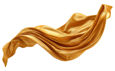 Flowing golden satin fabric waving in elegant curved motion, isolated on transparent background