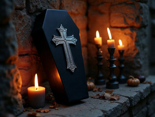 Black Coffin with Silver Crosses – Dark Halloween Decor