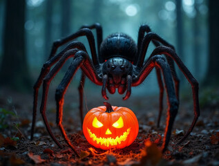 Giant spider with black glossy body weaving a web over a glowing pumpkin, eerie forest background.