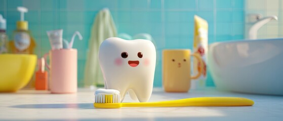 The smiling tooth with toothbrush on bathroom countertop under bright soft lighting