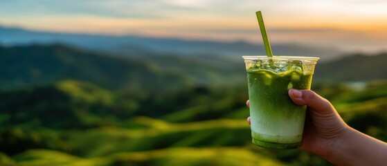 The Green Mint Cooler Held Aloft Against a Sunset Mountain Landscape