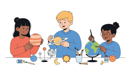 Children Crafting and Painting Solar System Models for Education. © il