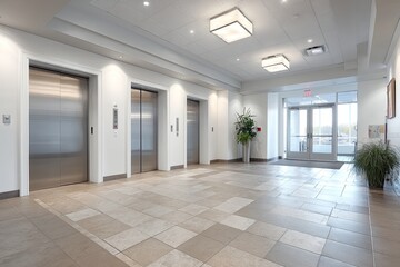 Obraz premium Interior view of a spacious, bright commercial building lobby featuring three elevators and an exit
