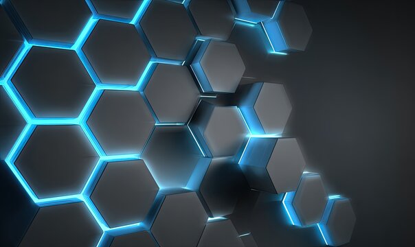 Futuristic hexagonal tiles with blue glowing accents on a dark, abstract, and technical background