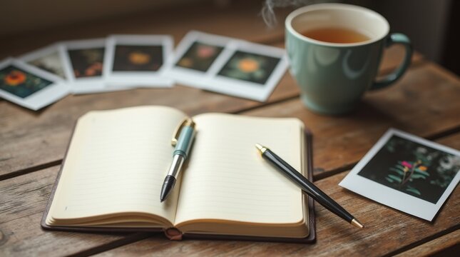 Desk with blank journal uncapped pen scattered polaroids and steaming tea, reflective creative pause, sorting memories and goals, soft daylight