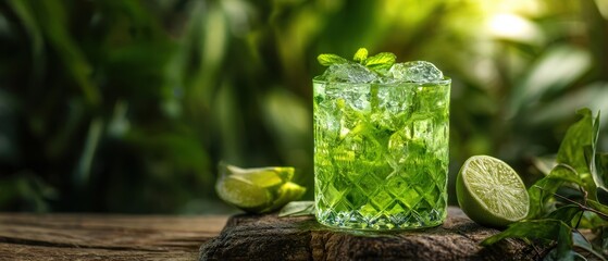 The Mojito Glass On Rustic Wood Surface With Fresh Mint And Lime
