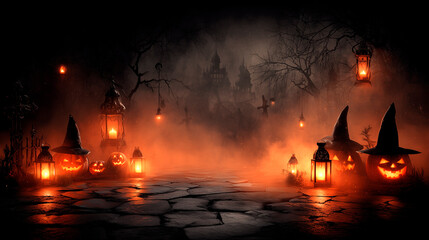Spooky Halloween night with pumpkins and path.