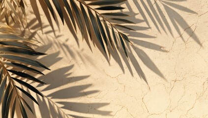 Obraz premium Sunlight bathes textured wall, casting leaf shadows, top left, with brown, green, gold fronds