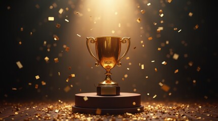 Gold trophy on podium with confetti falling and spotlight beam across stage, triumphant ceremony moment, bold celebratory atmosphere, crisp metallic shine, clean composition