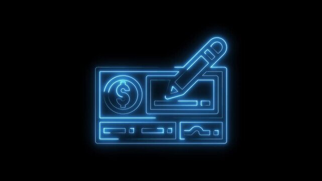 Neon bank check with pen isolated on black background financial transaction illustration