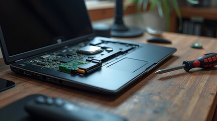 Laptop on workbench with opened chassis and new SSD beside precision screwdriver, hardware upgrade in progress, clean technical layout, neutral workshop light