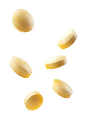 PNG 5 yellow round pills medication background isolated.