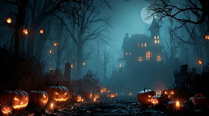 Fototapeta premium Spooky house on halloween night. Haunted house in night scary forest,Pumpkins, candles, gloomy atmosphere