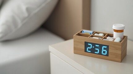 Pill organizer on bedside table with prescription bottle and digital clock, calm neutral bedroom light, daily medication management concept, tidy minimal arrangement, health and routine theme