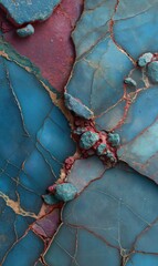 Abstract Geology: Multi-Colored Textured Surface with Fractured Blue Plates and Golden Veins