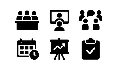 Business meeting icons set: conference, presentation, and planning symbols in silhouette style