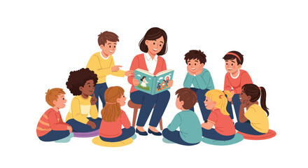 Fototapeta na wymiar Female teacher reading a storybook to a diverse group of attentive preschool children sitting together on the floor.
