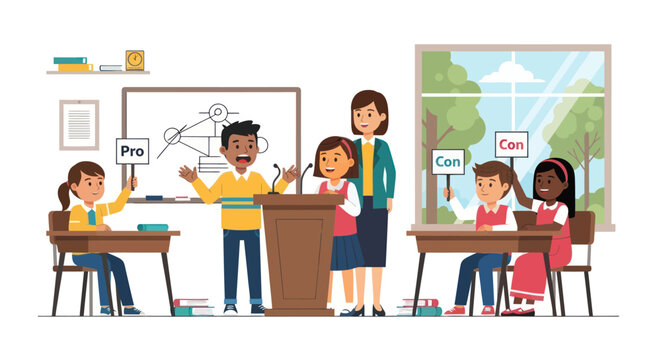 Diverse elementary school students and teacher in a classroom debate competition with pro and con sides.