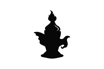 Silhouette of a traditional ornate oil lamp with a flame and decorative elements on a white background