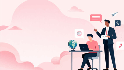 Two men working with laptop and globe